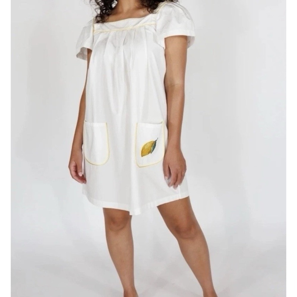 In My Sundays White Cotton Lemon Embroidered Mini Dress Yellow Trim Womens 2XL